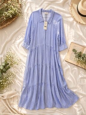 NWT A loves A, blue White Striped 3/4 Sleeve Cottage Flowy Maxi Dress. Ladies XL